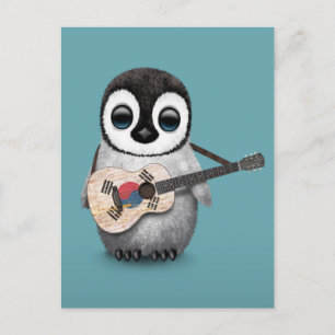 Cartão Postal Pinguim tocando guitarra sul-coreana azul
