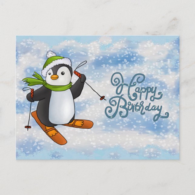 Cartão Postal Pinguin mit Ski Karte (Frente)
