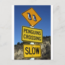 Cartão Postal Pinguins atravessando sinal amarelo de estrada
