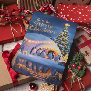Cartão Postal Pinguins Celebram no Igloo com Árvore de Natal