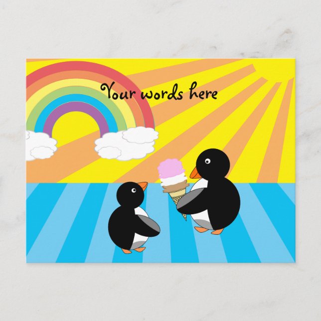 Cartão Postal Pinguins com sorvete e arco-íris (Frente)