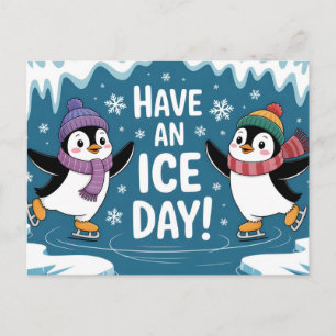 Cartão Postal Pinguins Fofos Patinando no Gelo Cartoon, Tenha um