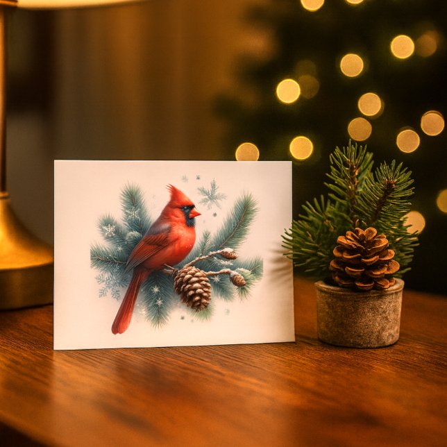 Cartão Postal Pinheiro Cardinal de Inverno e Flocos de Neve (“Watercolor red cardinal on snowy pine with snowflakesa serene winter scene for holiday mailing.”)