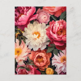 Cartão Postal pink and white peony flowers with green leaves