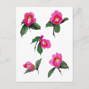 Cartão Postal Pink camellia sumie ink e aquarela
