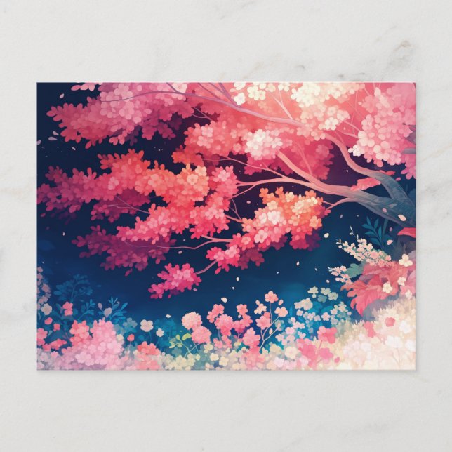 Cartão Postal Pink Cherry Blossom Tree at Night Starry Sky (Frente)