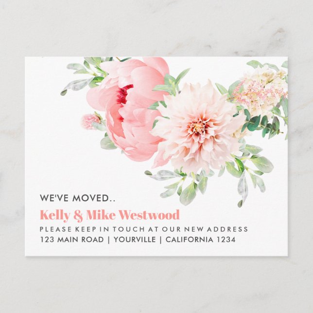 Cartão Postal Pink Dahlia Mudamos o novo endereço Nova Casa (Frente)