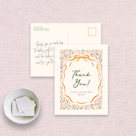Cartão Postal Pink Dainty Flowers and Orange Bow Thank You