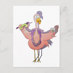 Cartão Postal Pink Flamingo Drink Mardi Gras Watercolor Paiting