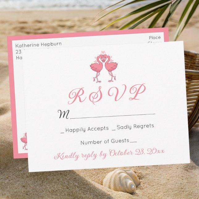 Cartão Postal Pink Flamingo Tropical Hawaiian Beach Wedding RSVP (Criador carregado)