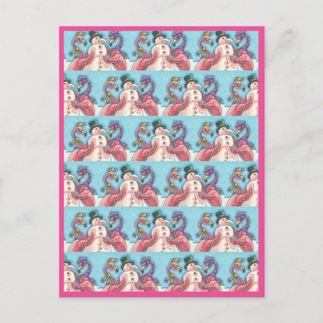 CARTÃO POSTAL PINK FLAMINGOS FAZEM NEVE, AVES DE NATAL ENGRAÇADO (Frente)