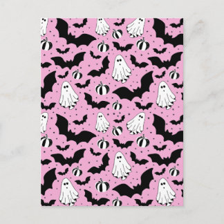 Cartão Postal Pink ghosts, bats and pumpkins