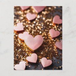 Cartão Postal pink hearts on golden glitter ground for valentine
