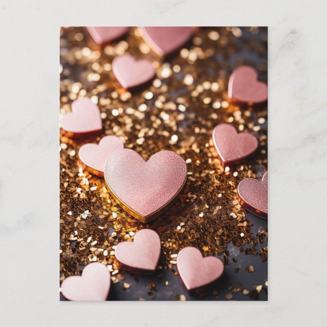 Cartão Postal pink hearts on golden glitter ground for valentine (Frente)