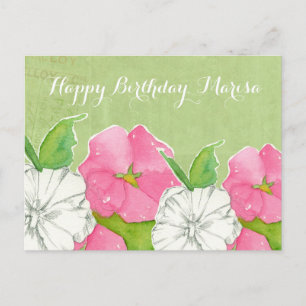 Cartão Postal Pink Hollyhocks Watercolor Flowday Feliz Aniversár