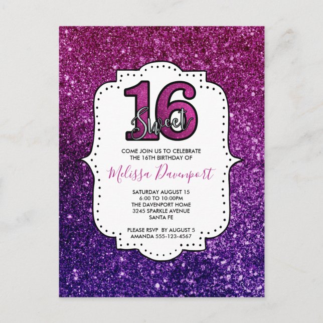 Cartão Postal Pink & Purple Sweet 16 Brilho Brilhante Pedras Pre (Frente)