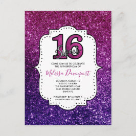 Cartão Postal Pink & Purple Sweet 16 Brilho Glitter Gemstones