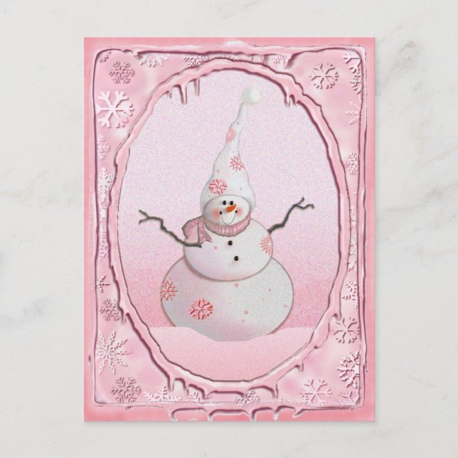 Cartão Postal PINK SNOWMAN, SCARF & SNOW HAT de SHARON SHARPE (Frente)