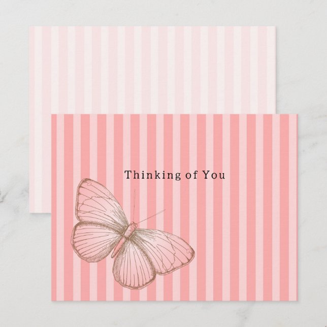 Cartão Postal Pink Stripes with Butterfly Thinking of you (Frente/Verso)