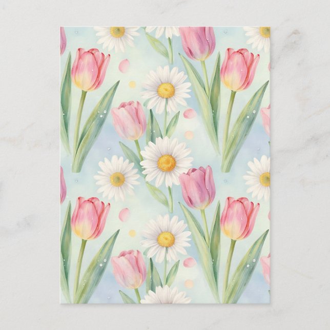 Cartão Postal Pink Tulip Daisy Watercolor Spring Pattern (Frente)