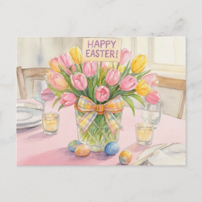 Cartão Postal Pink Tulips Happy Easter  (Frente)