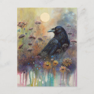 Cartão Postal Pintado à Mão Raven com Flores Selvagens