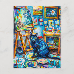 Cartão Postal Pintando um Gato no Ateliê do Pintor