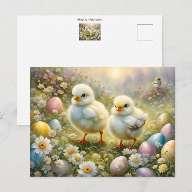 Cartão Postal Pintinhos bonitos em um campo com ovos de Páscoa,  (Frente/Verso)