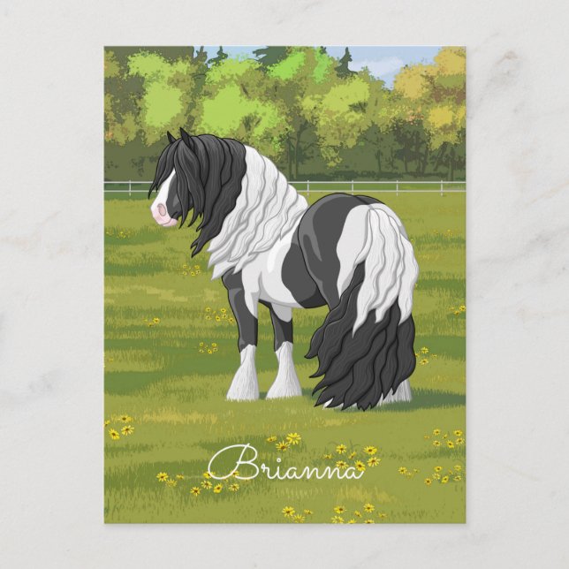 Cartão Postal Pinto Negro Piebald Gypsy Cavalo de Rascunho de Va (Frente)