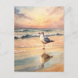 Cartão Postal Pintor de Aquarelas do Mar de Seagull Shore Sunset
