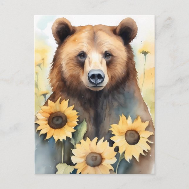 Cartão Postal Pintor De Aquarelas Urso Castanho E Girassóis (Frente)
