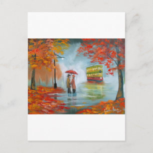 Cartão Postal Pintor de elétrico de guarda-chuva vermelho no out