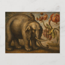 Pintura a Óleo Botânica de Elefante e Macaco Vinta