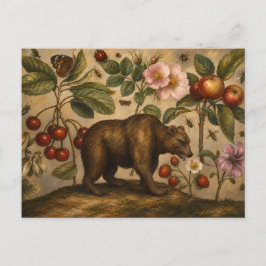 Cartão Postal Pintura a Óleo Botânico de Urso Antigo e Pomar