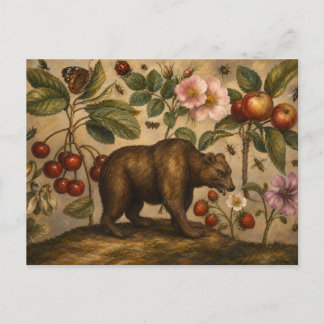 Cartão Postal Pintura a Óleo Botânico de Urso Antigo e Pomar