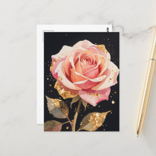 Cartão Postal Pintura a óleo com brilho dourado de flores de ros