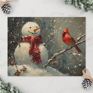 Cartão Postal Pintura a Óleo de Boneco de Neve e Cardinal