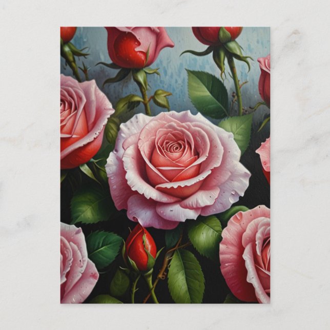 Cartão Postal Pintura a óleo de flores de rosa (Frente)