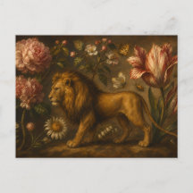 Pintura a Óleo de Jardim Botânico e Leão Vintage