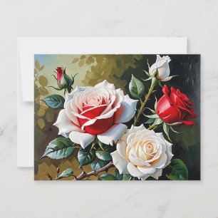 Cartão Postal pintura a óleo de rosas vermelhas brancas bonito, 