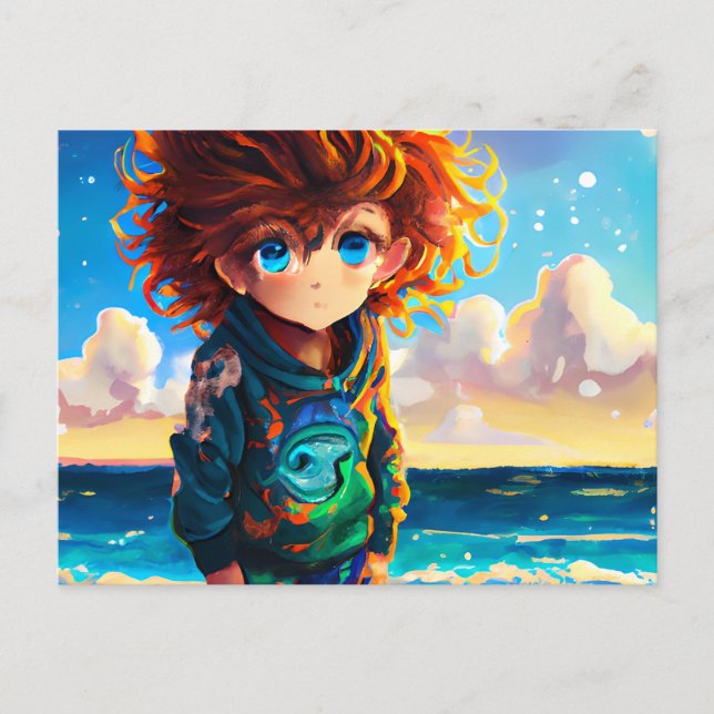 Cartão Postal Pintura a Óleo de um Menino Anime com Cabelo Ruivo (Frente)