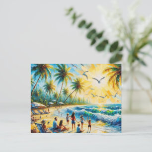 Cartão Postal Pintura a Óleo do Pôr do Sol da Família Tropical n