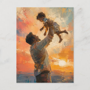 Cartão Postal Pintura Abstrata Pai Levantando Filho ao Pôr do So