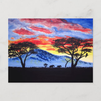 Cartão Postal Pintura Afro-Sunset Safari Animal Silhouter