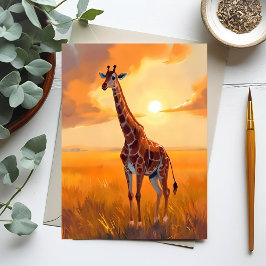 Cartão Postal Pintura Animal Safari Girafa Pôr do Sol