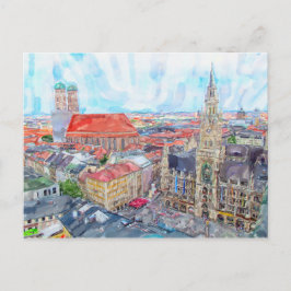 Cartão Postal Pintura aquarela Munique Marienplatz. Aérea.