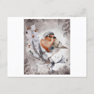 Cartão Postal Pintura aquosa de um pássaro Robin com uma flor