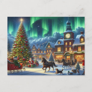 Cartão Postal Pintura da Aldeia de Natal de inverno Aurora Borea