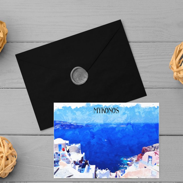 Cartão Postal Pintura da Ilha na moda Mykonos Grécia Cyclades (Stylish Mykonos Greece Cyclades Island Painting Postcard)