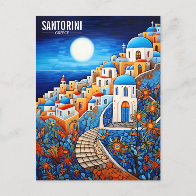Cartão Postal Pintura da Ilha Santorini | Viagem de Grécia | Art (Frente)